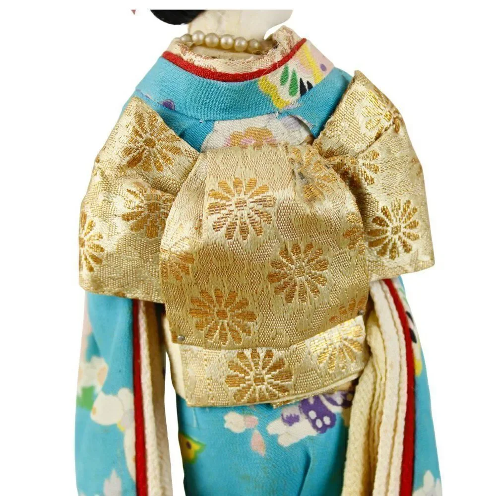 Vintage Japanese Geisha Doll Figurine in Traditional Turquoise Silk Crepe Kimono
